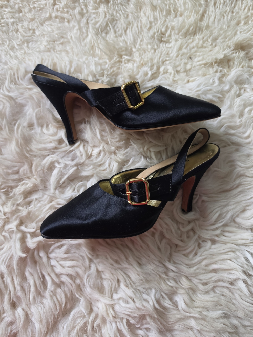 St. John Black Satin Pointed Slingback Heels with Gold Buckle Accent